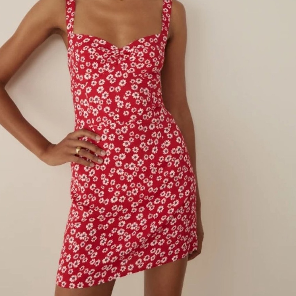 Reformation Baldwin Dress in Jenna Red White Floral Mini